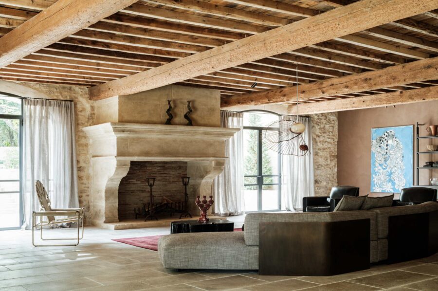 villa-cas-livingroom-grand-fireplace-traditional-beams-tile-floors-elegant-chic-design-luxury-provence