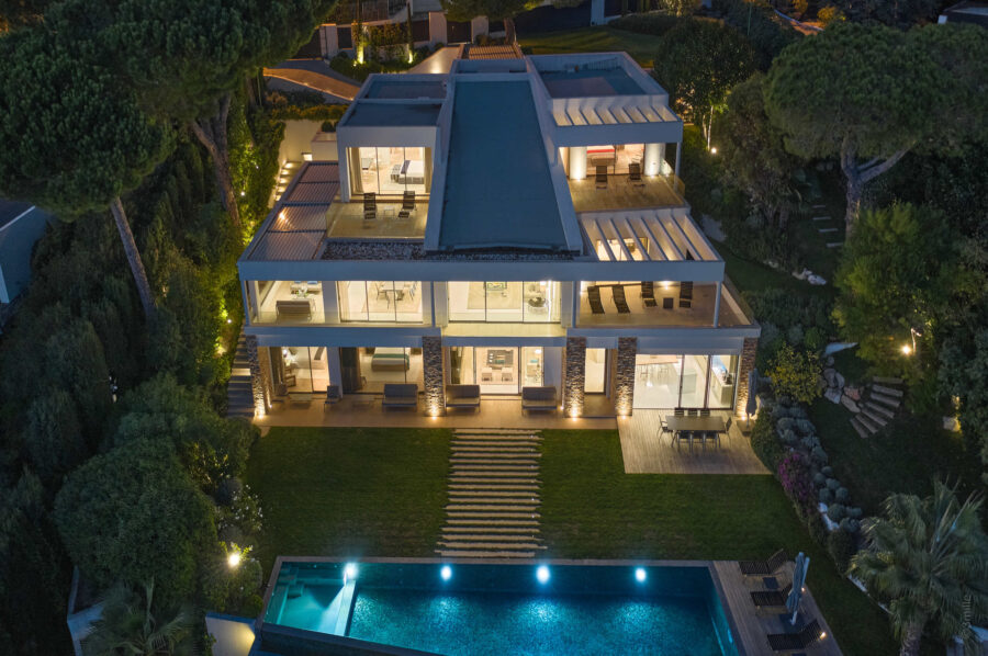 villa-clara-exterior-aerial-night-luxury-modern-rental-cannes