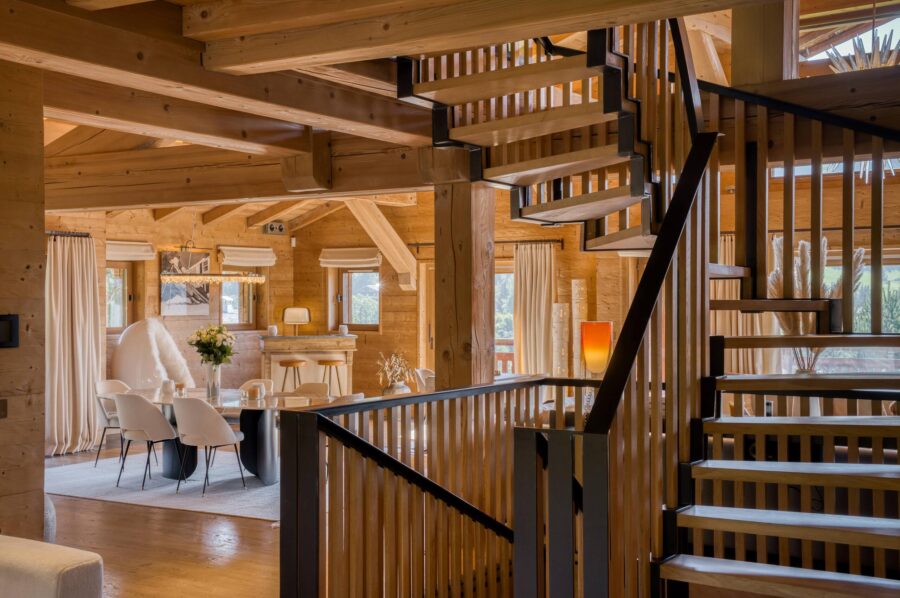 Chalet-atina-staircase-diningroom-openplan-modern-alpine-interiors-luxury-elegance-megeve-mont-d'arbois
