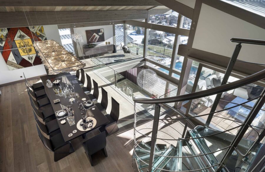 chalet-marianne-diningroom-artwork-staircase-luxury-elegant-modern-interior-megeve