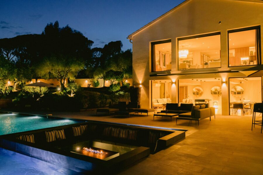 villa-colette-exterior-night-firepit-swimming-pool-luxury-lacroixvalmer