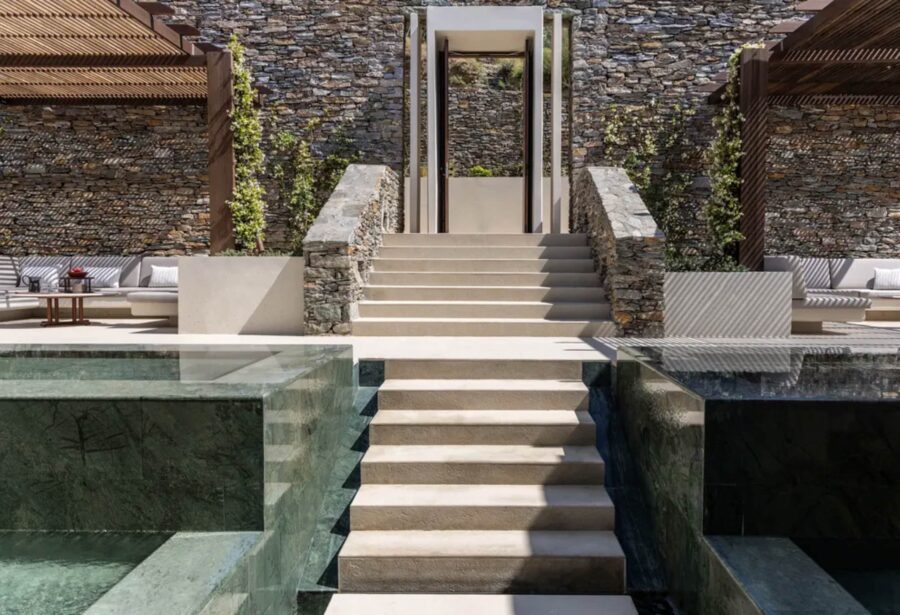 villa-kiki-exterior-entrance-pool-outdoor-seating-luxury-greece