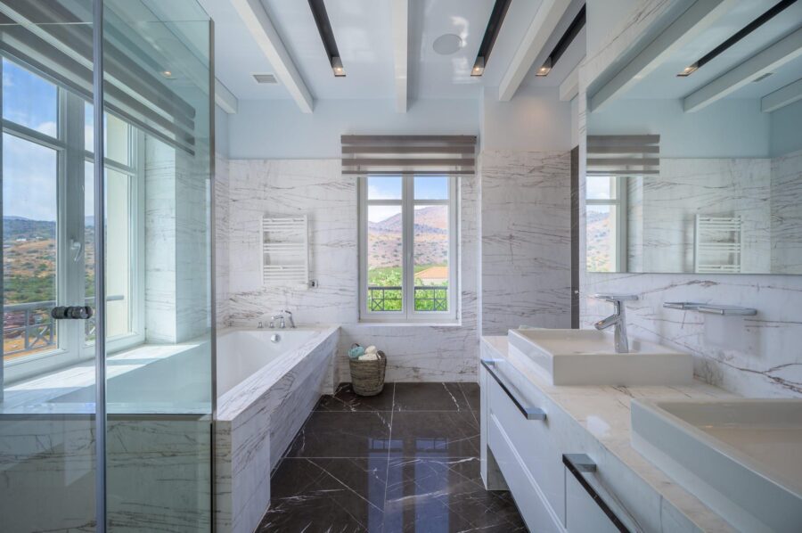 villa-dalida-bathroom-double-sink-bathtub-shower-mountain-view-sea-views-luxury-design-crete