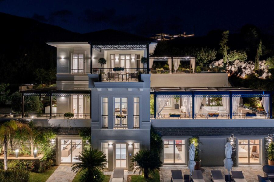 villa-dalida-exterior-night-balconies-garden-swimming-pool-exclusive-rental-luxury-retreat-crete