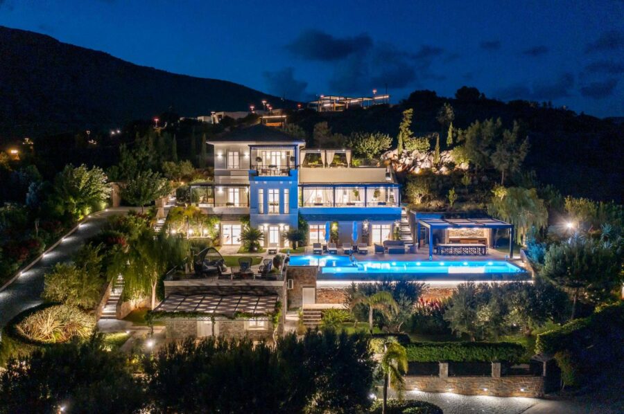 villa-dalida-exterior-night-garden-swimming-pool-luxury-rental-retreat-crete