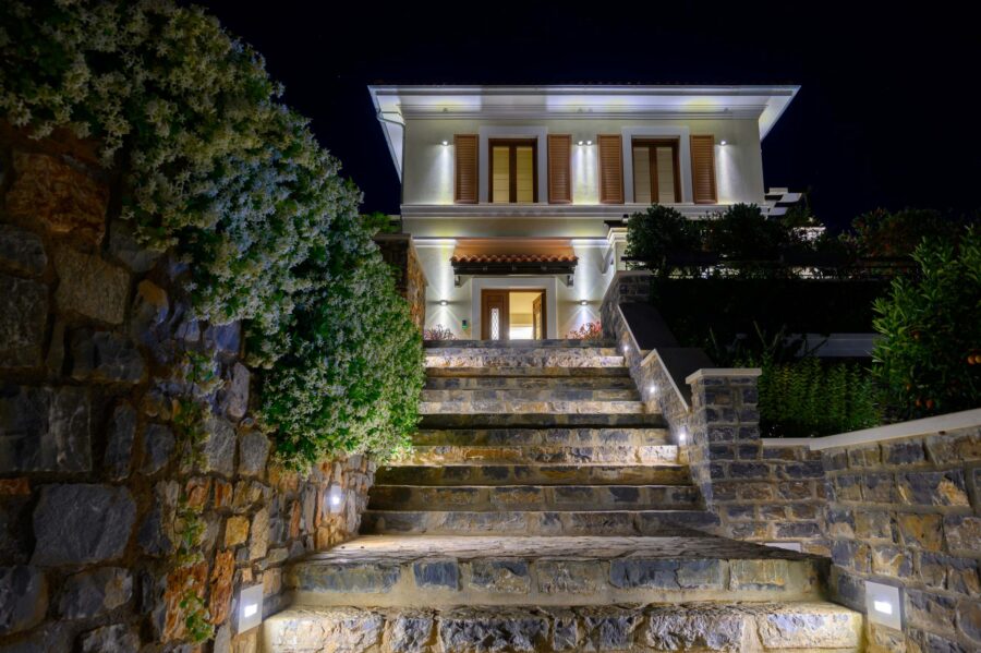 villa-una-exterior-garden-steps-night-luxury-crete