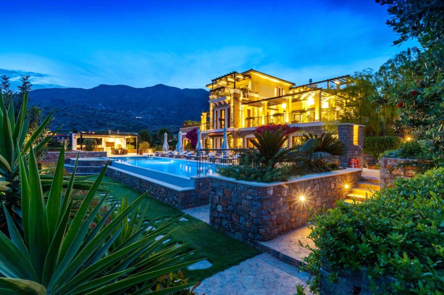 villa-una-exterior-swimming-pool-garden-night-luxury-crete
