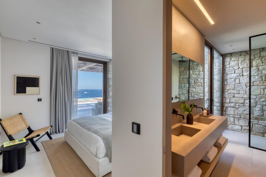 villa-august-bedroom-ensuite-double-sink-shower-sea-view-serene-modern-design-luxury-mykonos