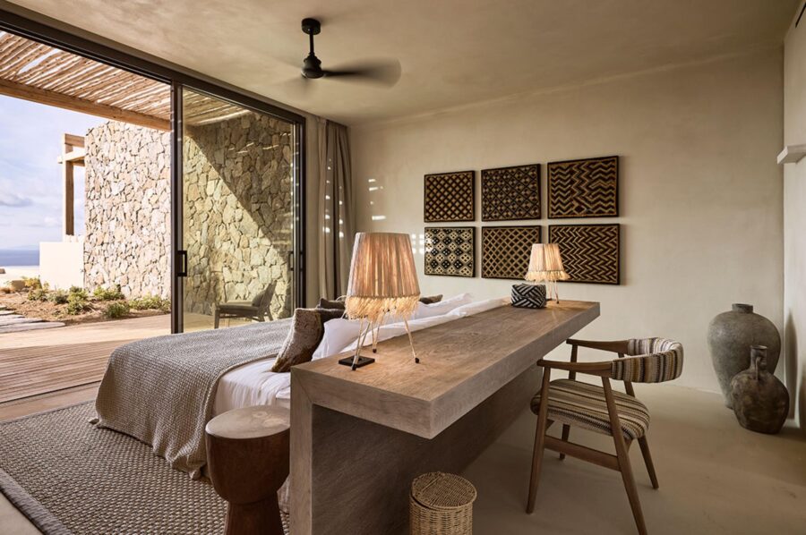 villa-daphne-bedroom-desk-artwork-elegant-mediterranean-design-luxury-mykonos