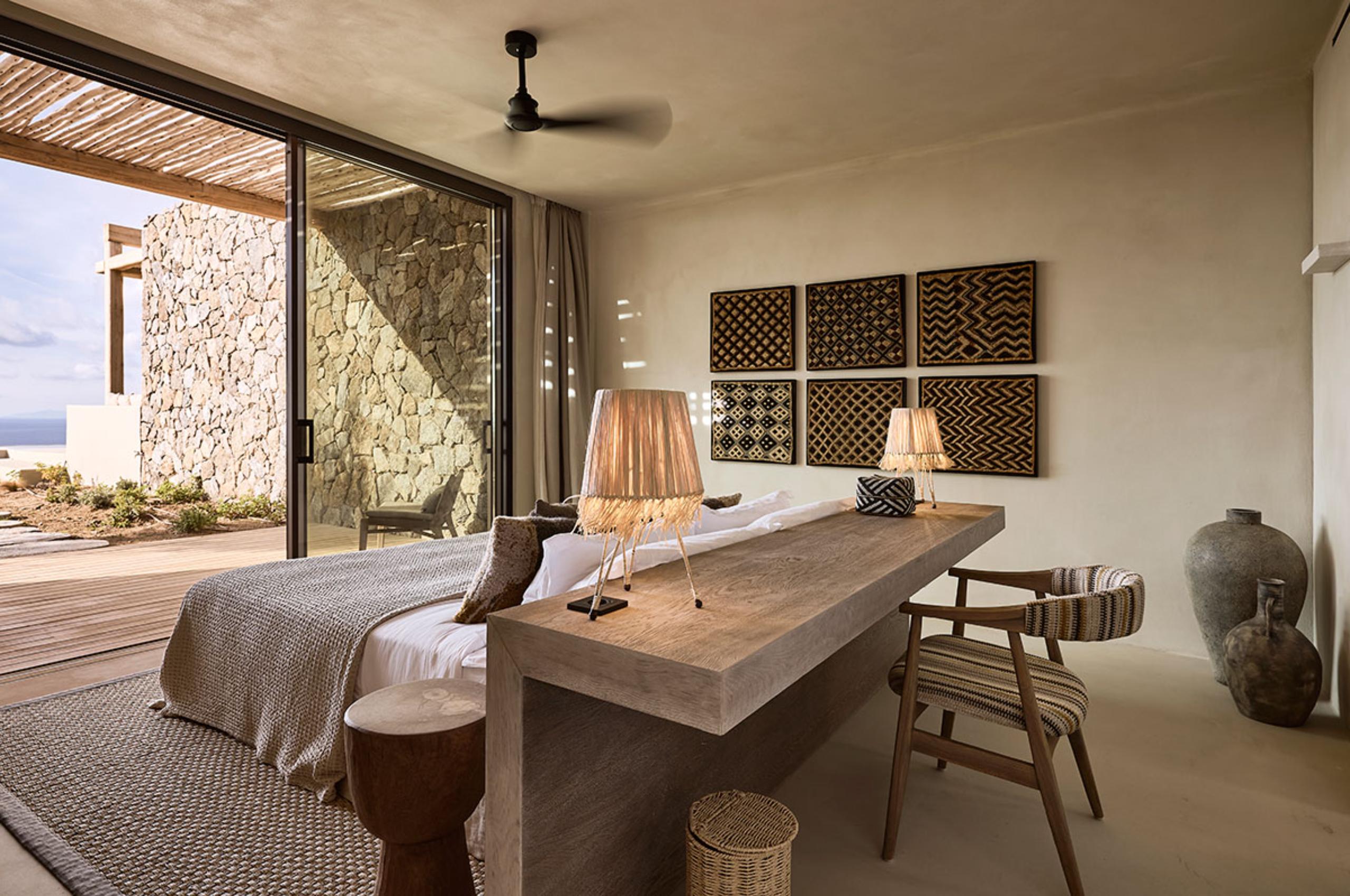villa-daphne-bedroom-desk-artwork-elegant-mediterranean-design-luxury-mykonos