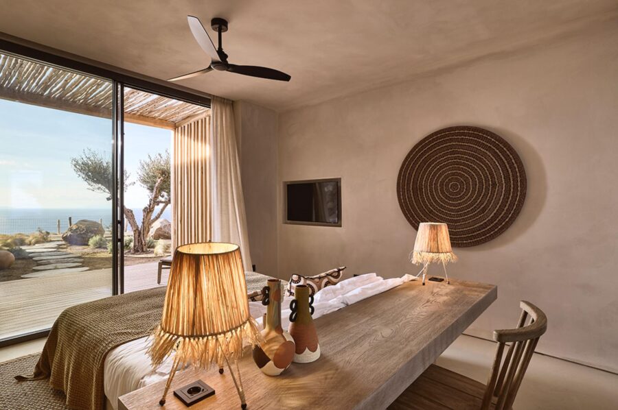 villa-daphne-bedroom-sea-view-tv-artwork-stylish-design-luxury-mykonos