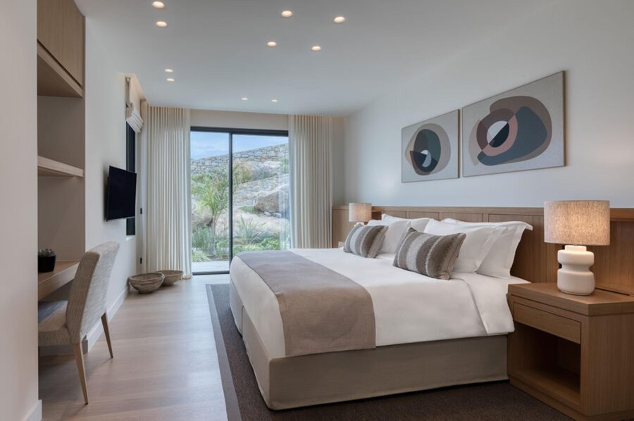 villa-petra-bedroom-desk-tv-artwork-garden-view-luxury-mykonos