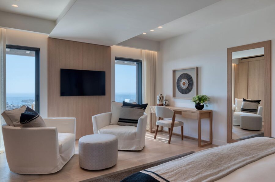 villa-petra-bedroom-lounge-tv-desk-scenic-sea-views-luxury-mykonos