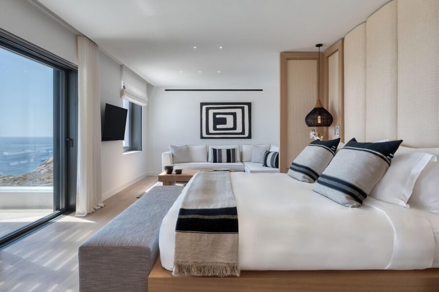 villa-petra-bedroom-sea-views-serene-tranquil-design-lounge-artwork-luxury-mykonos