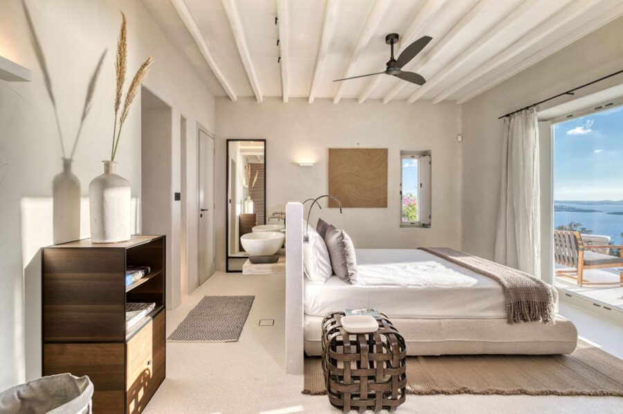 villa-selina-bedroom-double-sink-terrace-access-sea-view-bright-white-modern-design-luxury-mykonos