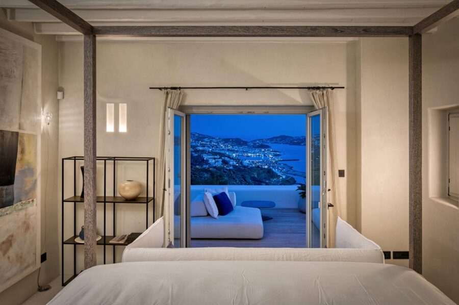 villa-selina-bedroom-evening-scenic-sea-view-luxury-rental-retreat-mykonos