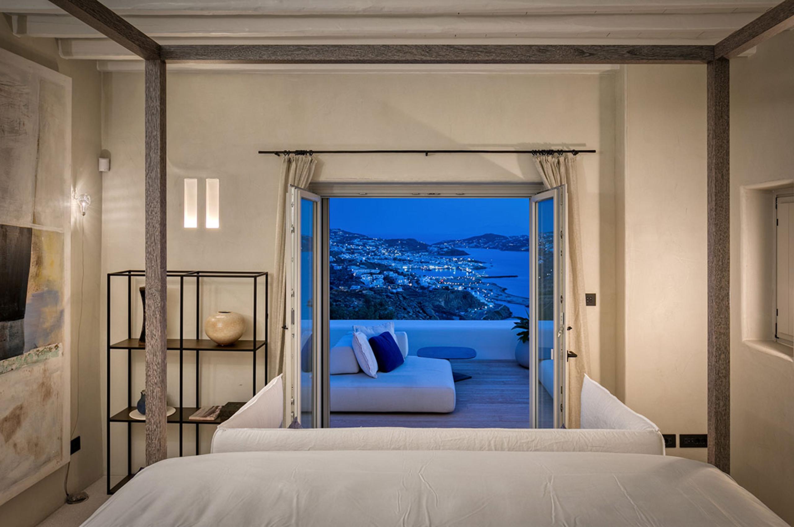 villa-selina-bedroom-evening-scenic-sea-view-luxury-rental-retreat-mykonos