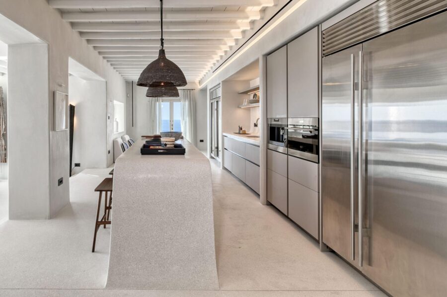 villa-selina-kitchen-breakfast-bar-fridge-sleek-modern-design-sea-view-luxury-mykonos