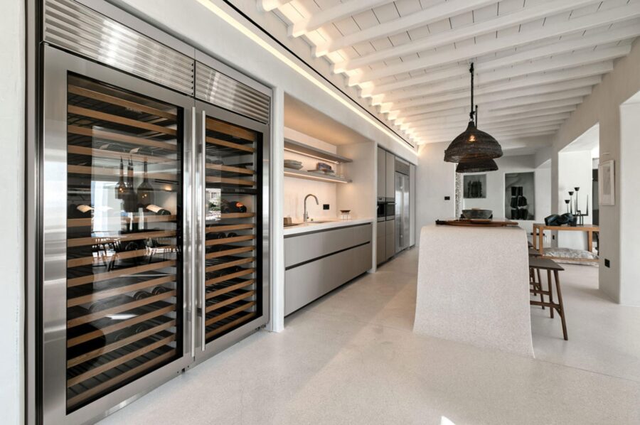 villa-selina-kitchen-wine-fridge-breakfast-bar-sleek-modern-design-luxury-mykonos