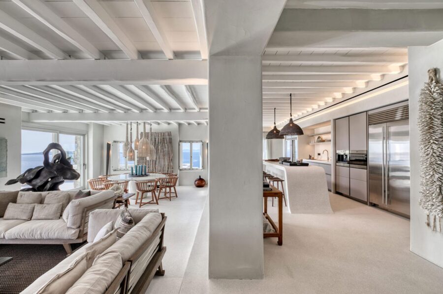 villa-selina-living-area-openplan-kitchen-lounge-dining-sea-view-bright-modern-design-luxury-mykonos